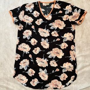 Gold Coast Sz. L Day Dress Muumuu Night Shirt PJ Floral Black Peach V-Neck